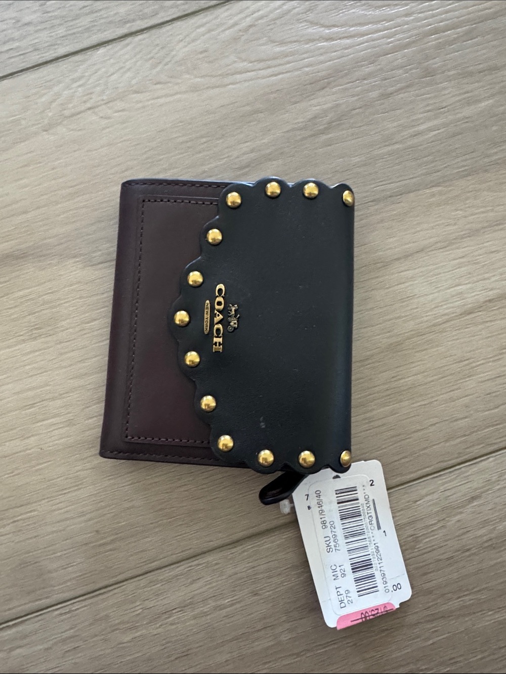 COACH Two-Tone Black and Brown Studded Leather Card Holder